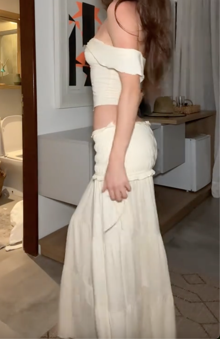 Cream Off-the-Shoulder Ruched Crop Top & Ruffle Maxi Skirt Set