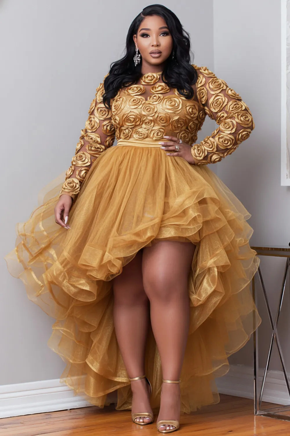 Party Gold Round Neck Long Sleeve 3D Elegant High Low Hem Tulle Mini Dresses