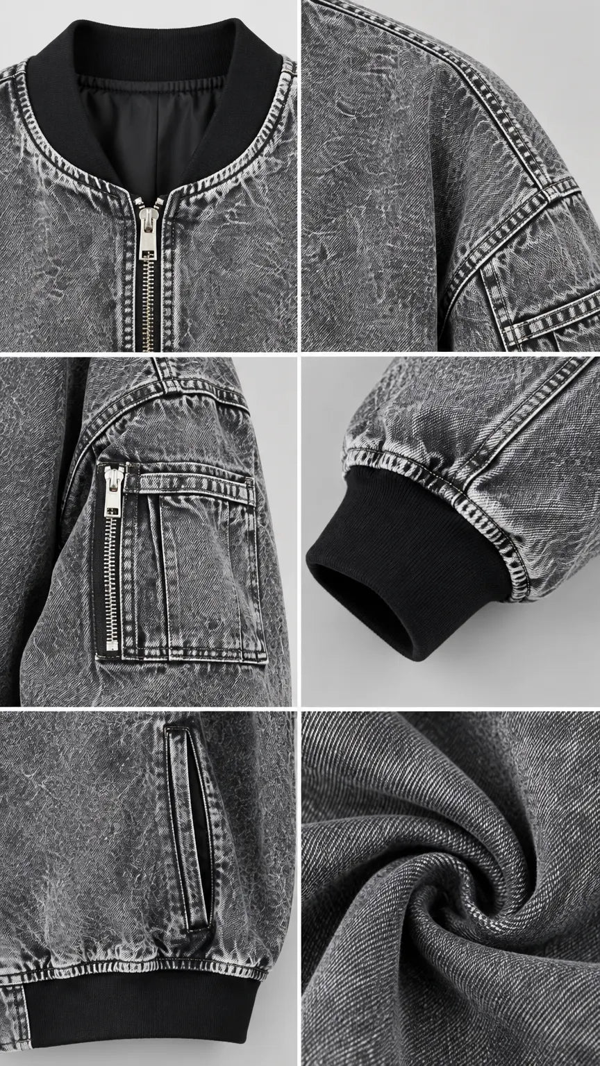 Washed Denim Bomber Jacket and Wide Leg Cargo Pants Two-Piece Set