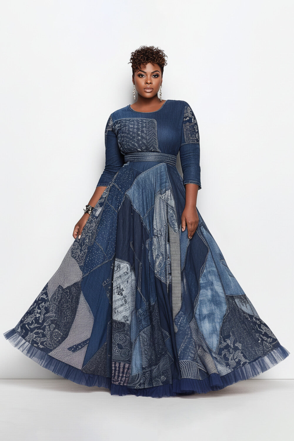 Semi  Blue Graphic Round Neck 3/4 Sleeve Pocket Casual Ruffle Maxi Dresses