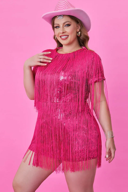 Hot Pink Party Short Sleeve Fringe Sequin Mini Dress
