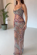 Sheer Mesh Purple Green Beaded Sequin Spaghetti Strap Mermaid Maxi Dress - Formal Evening Gown