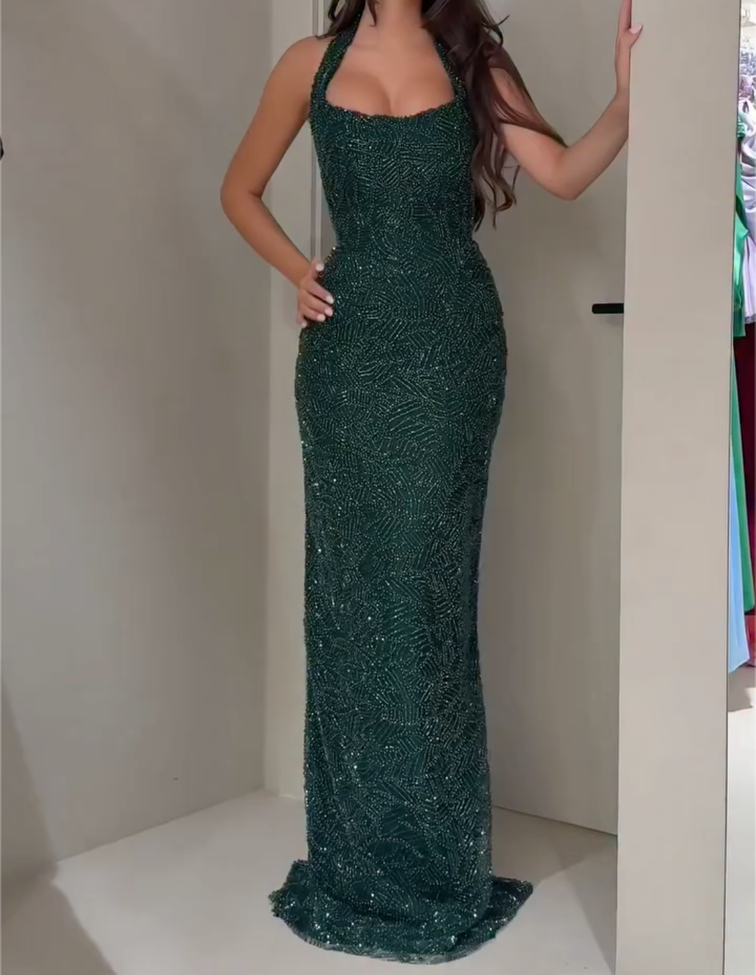 Multi-Color Halter Neck Beaded Mermaid Evening Gown