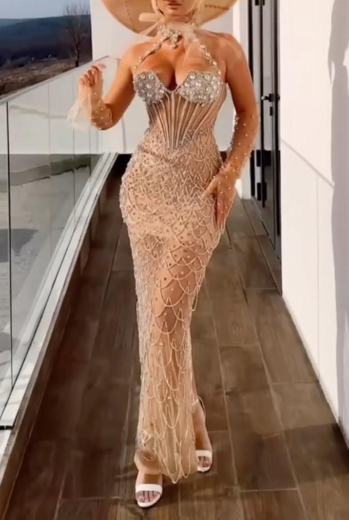 Champagne Gold Halter Neck Beaded Mermaid Gown with Corset Bodice & Crystal Embellishments