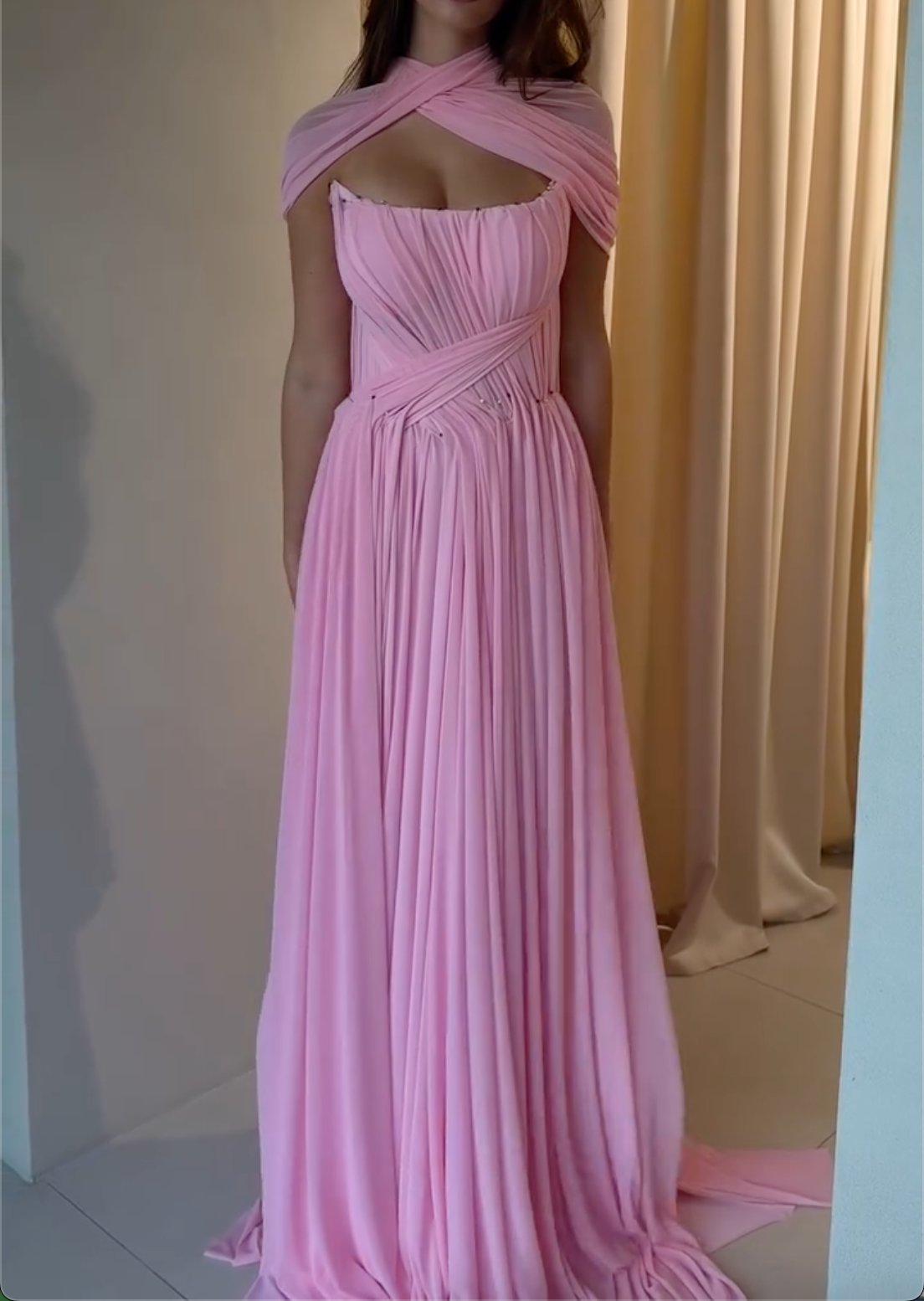 Pink Halter Crossed Pleated Chiffon A-Line Evening Gown