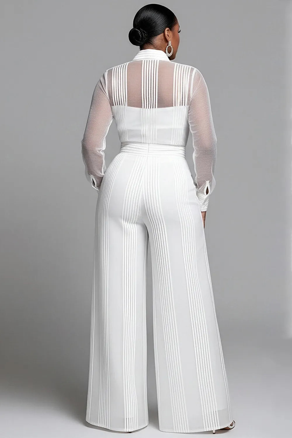 Business Casual White Striped Shirt Collar Long Sleeve See Through Wide Leg Two Piece Pant Sets