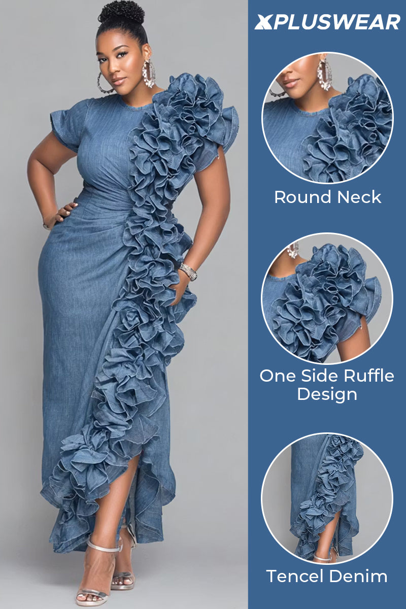 Xpluswear Design Plus Size Cocktail Party Blue Round Neck Short Sleeve Ruffle Pocket Tencel Denim Maxi Dresses