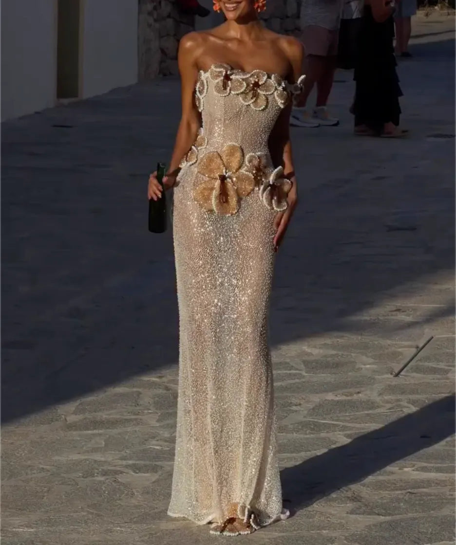 Champagne Strapless Rhinestone Beaded Maxi Evening Gown, 2 Styles 3D Floral / High‐Slit Formal Long Dress for Wedding Guest Prom Gala Red‐Carpet Photoshoot