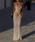Champagne Strapless Rhinestone Beaded Maxi Evening Gown, 2 Styles 3D Floral / High‐Slit Formal Long Dress for Wedding Guest Prom Gala Red‐Carpet Photoshoot