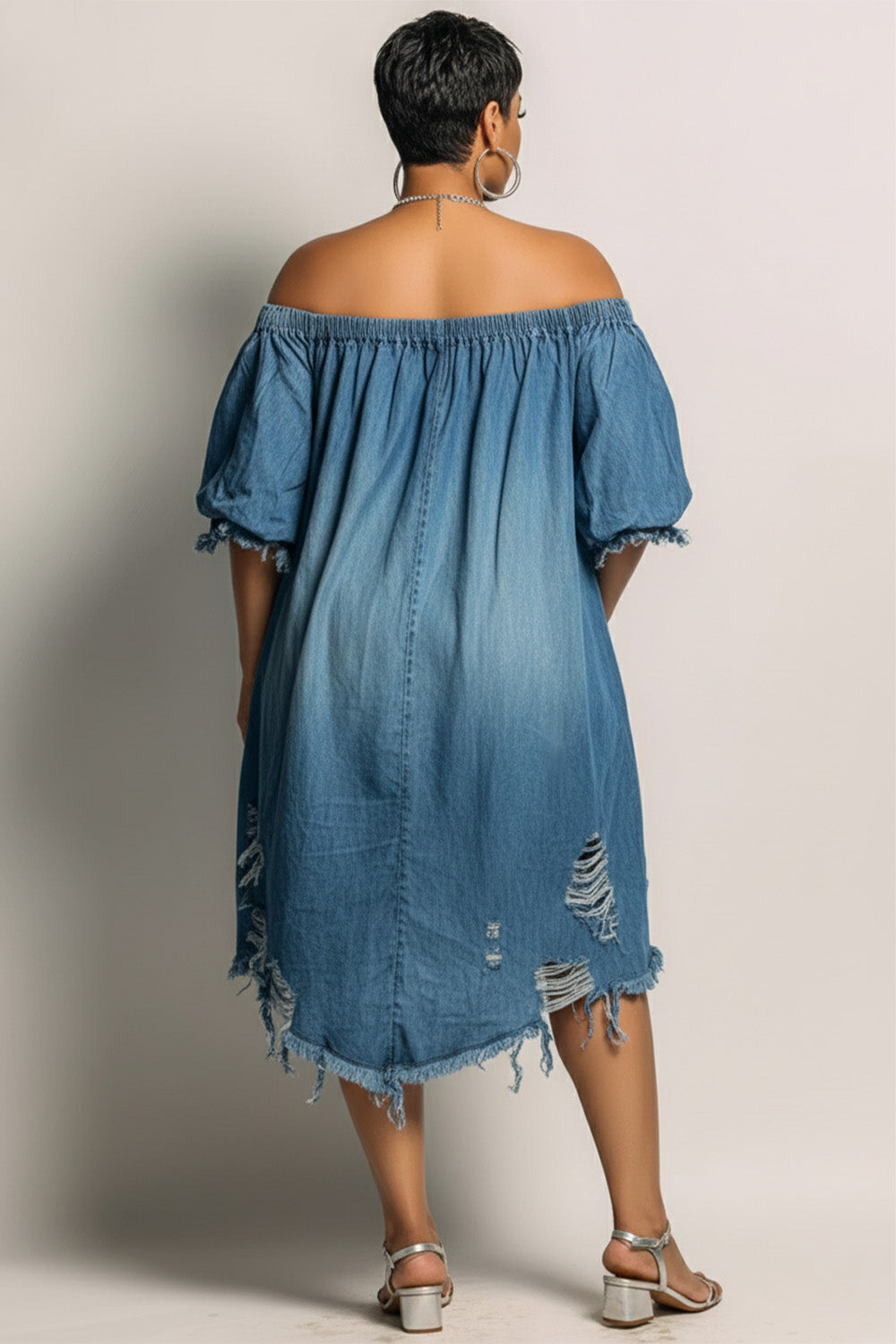 Xpluswear Design Plus Size Party Blue Off The Shoulder Short Sleeve Pocket Ripped Denim Mini Dresses