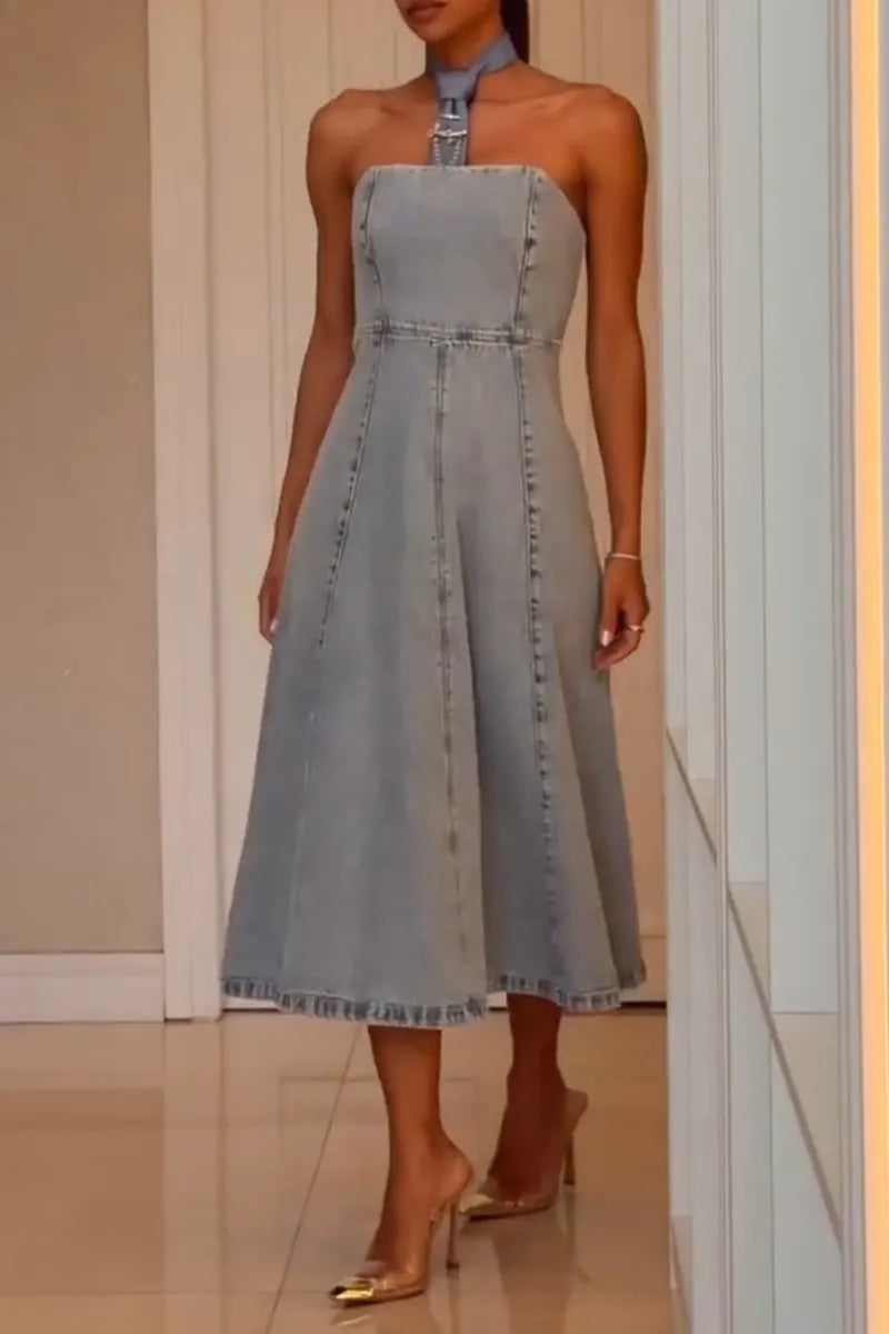 Women's Elegant A Line Hem Bustier Denim Dress