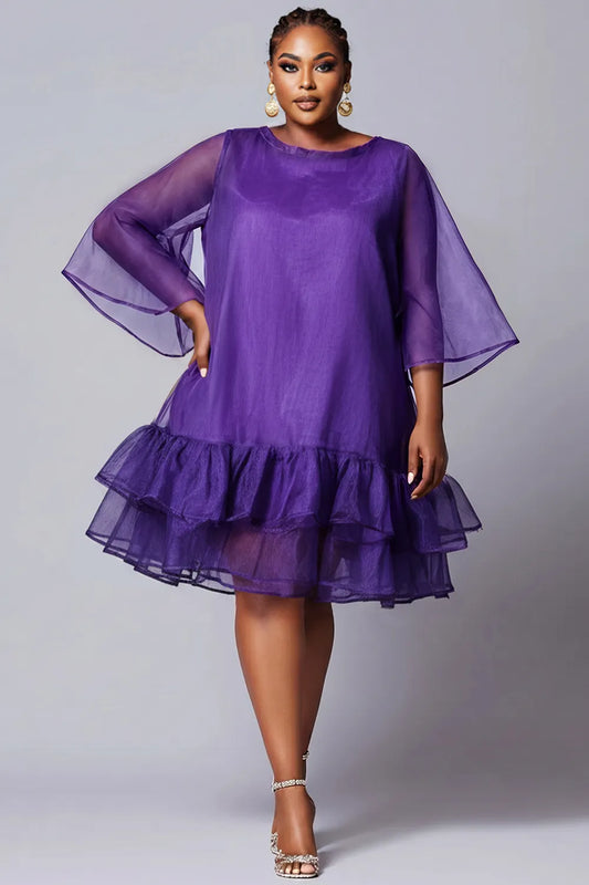 Party Elegant Purple Round Neck Flare Short Sleeve Ruffle Organza Midi Dresses