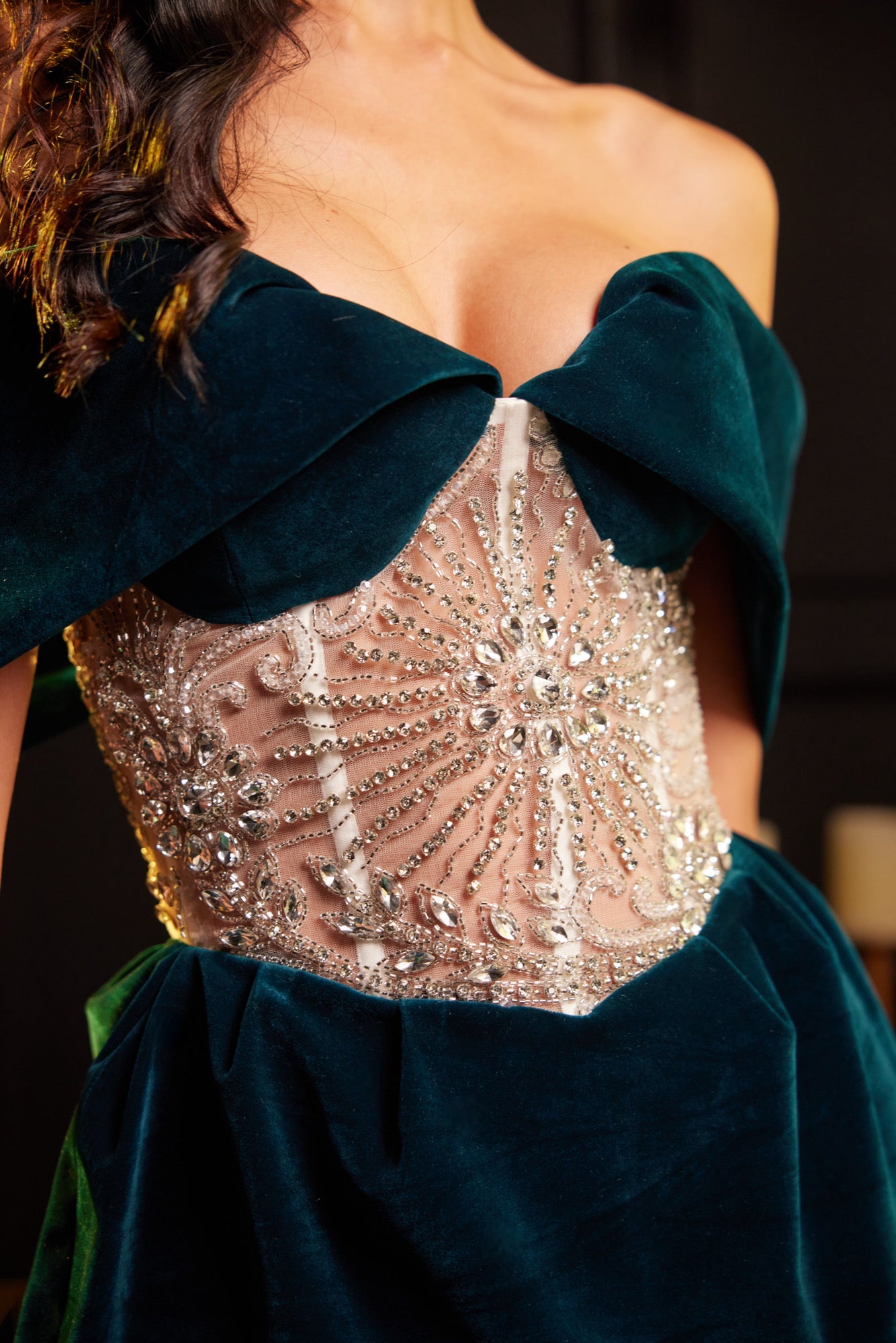Teal Velvet Off-The-Shoulder Bow-Front Beaded Sheer Mesh Mini Dress