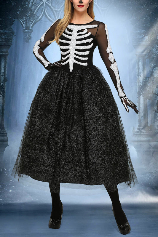 Halloween Costumes Black Skeleton Print Tulle Long Sleeves Midi Dress(Ships 24h)