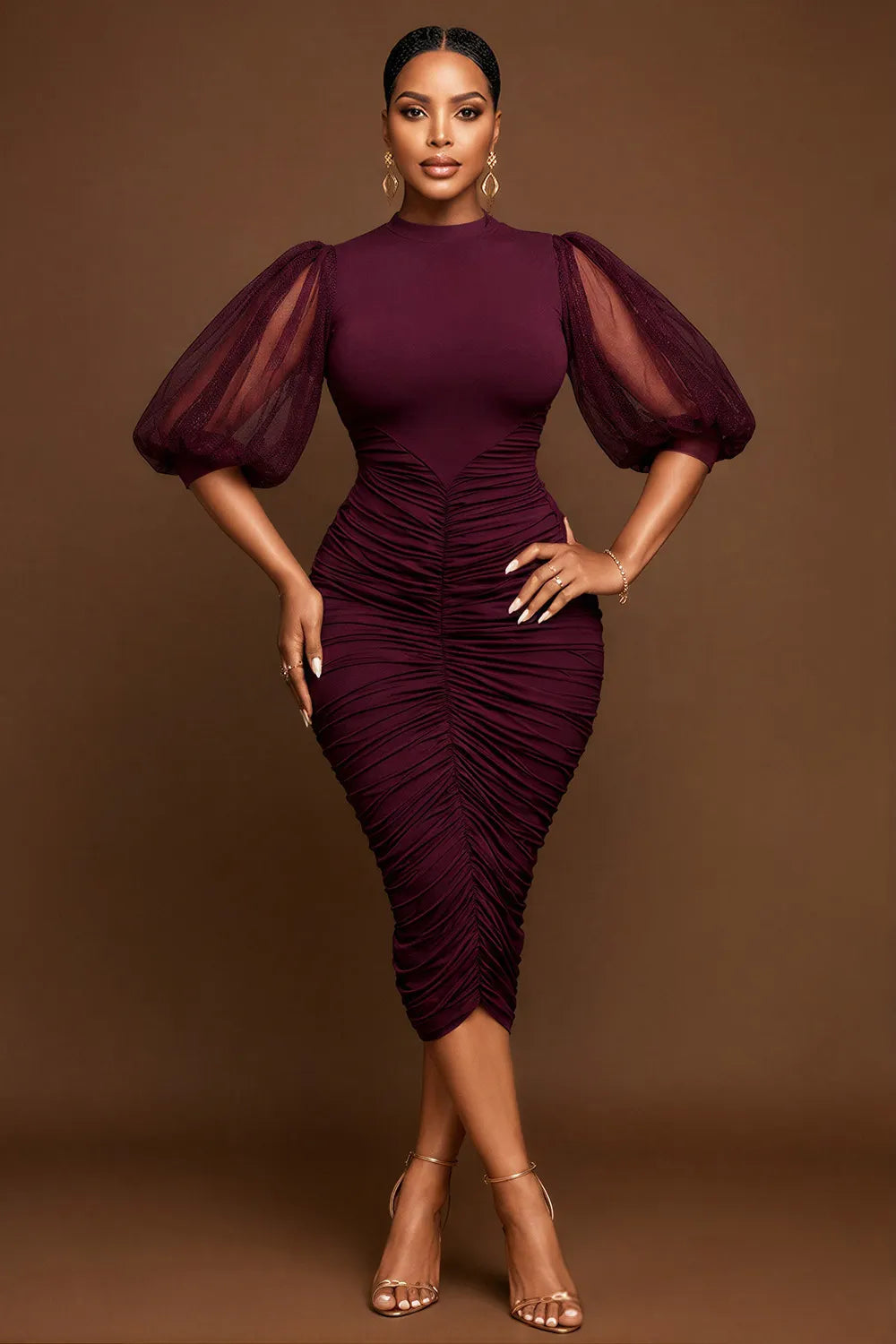 Cocktail Party Burgundy Round Neck Puff Sleeve Short Sleeve Fold Bodycon Tulle Midi Dresses