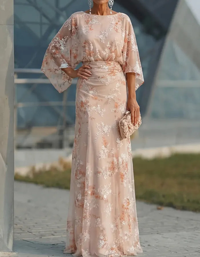 Blush Floral Embroidery Chiffon Maxi Dress