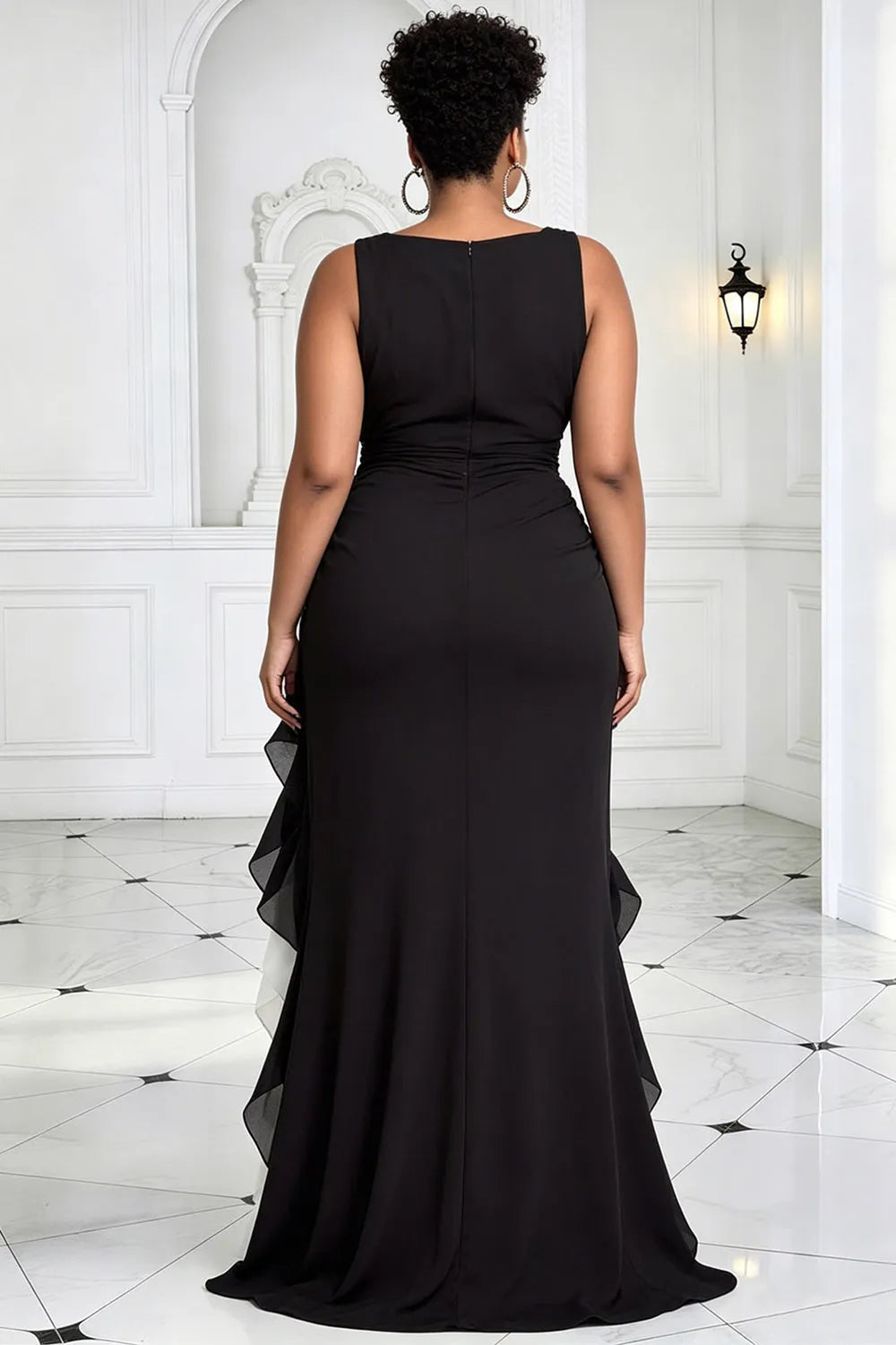 Elegant Black V Neck Ruffle Asymmetric Hem Chiffon Maxi Dresses [Pre-Order]