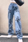 Women's Loose Fit Butterfly Printed Straight Leg Jeans