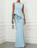 Sky Blue 3D Floral Appliqué Mermaid Maxi Dress