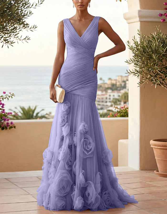 Solid Color V-neck 3D Rose Mesh Maxi Dress