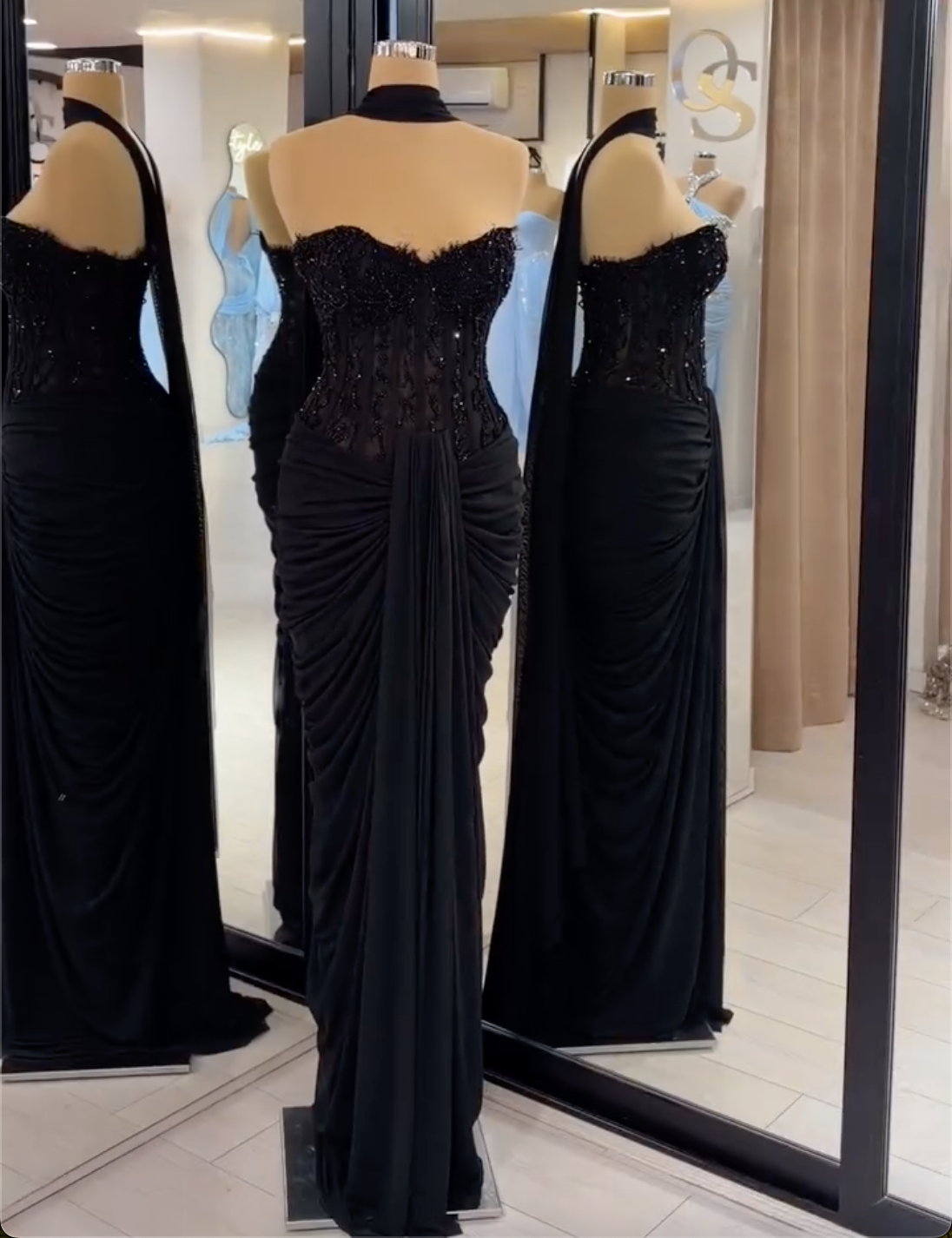 Black Strapless Corset Maxi Dress with Beaded Bodice & Draped Skirt