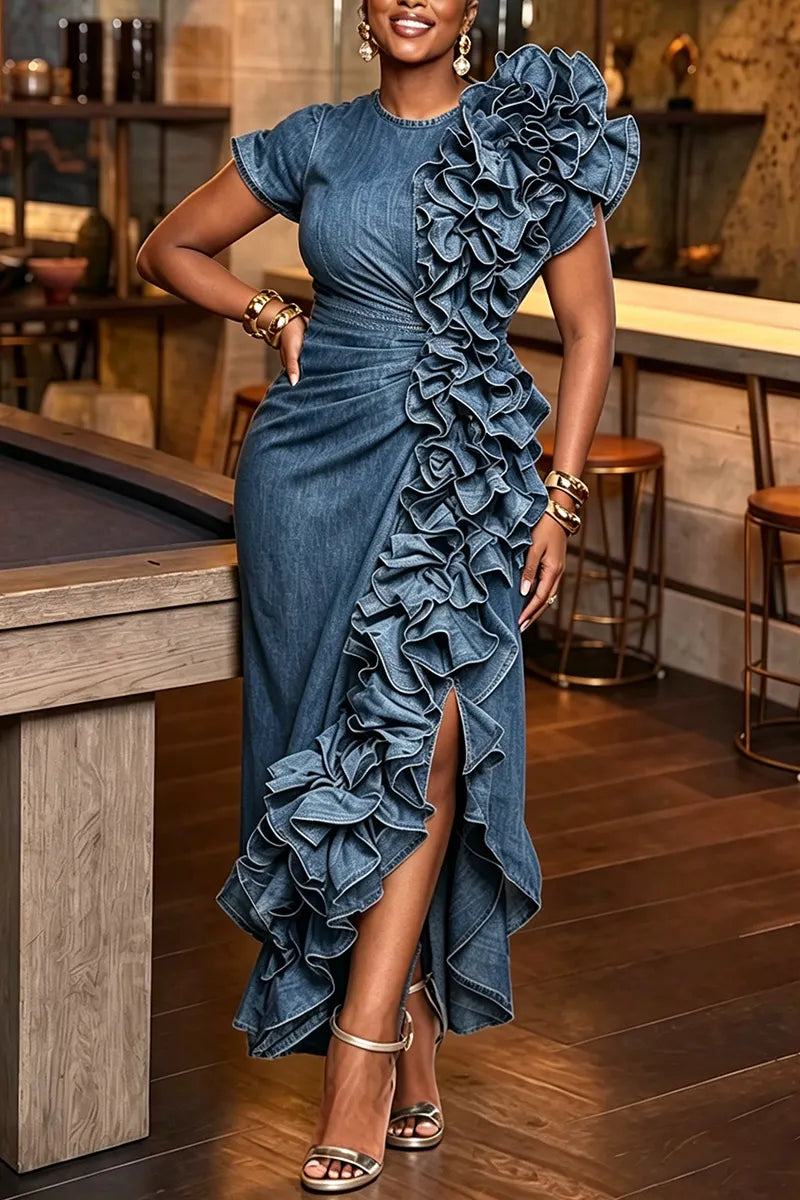 Women's Elegant Party Flounce Trim Denim Dress