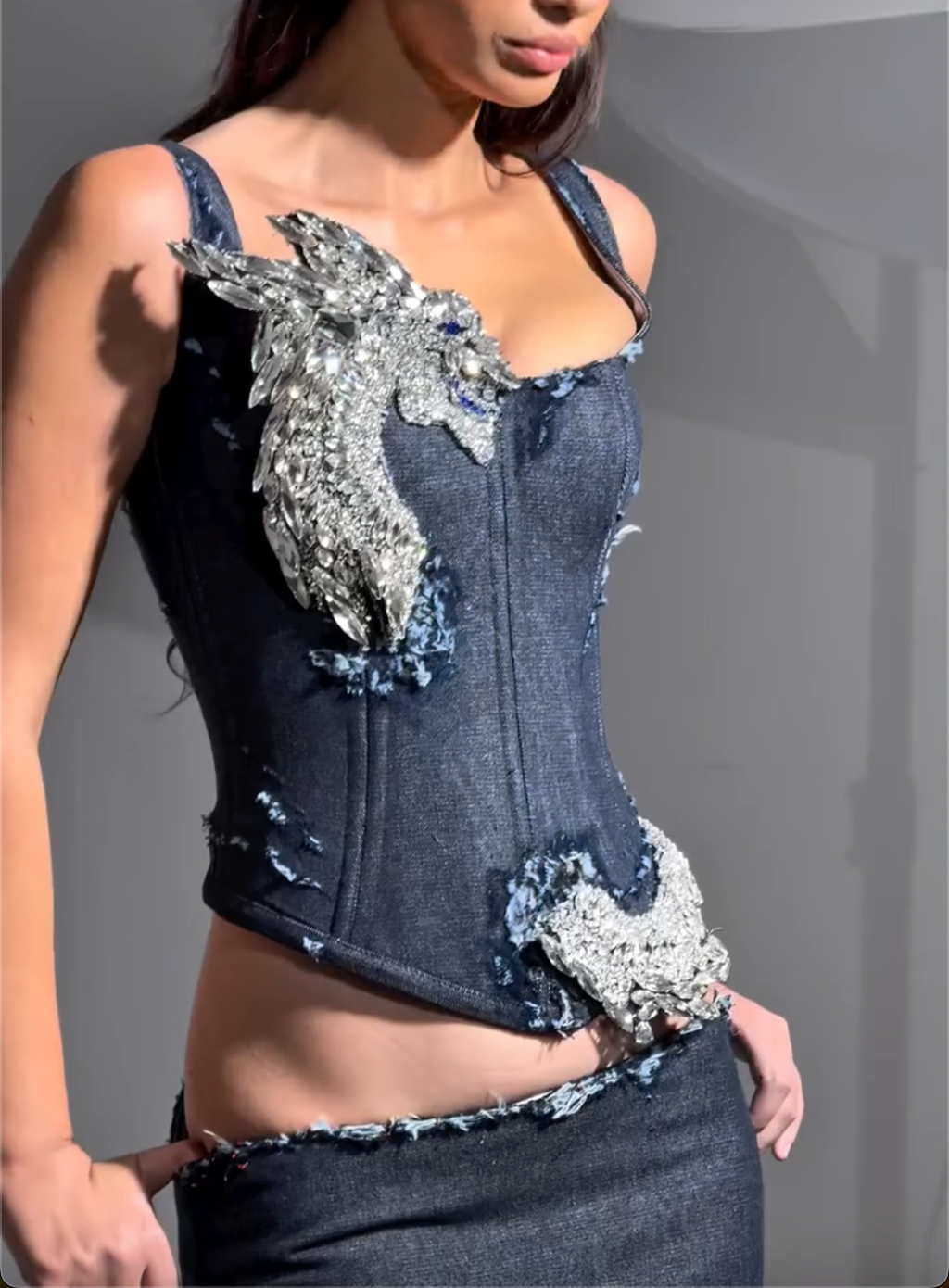 Distressed Denim Crystal Embellished Phoenix Embroidery Two-Piece Set