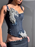 Distressed Denim Crystal Embellished Phoenix Embroidery Two-Piece Set
