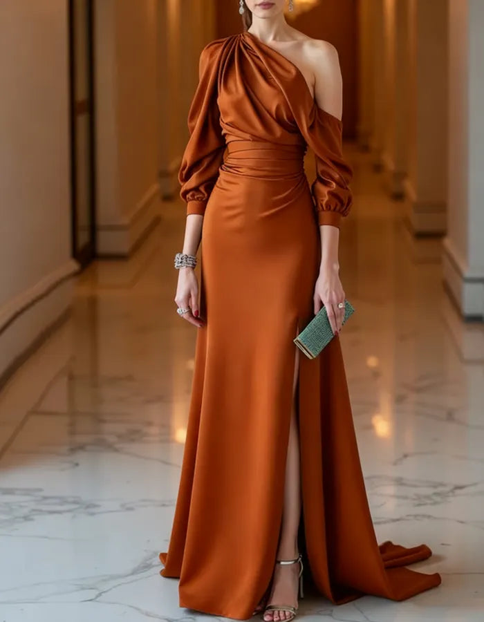 One-shoulder Draped Satin Evening Maxi Dress