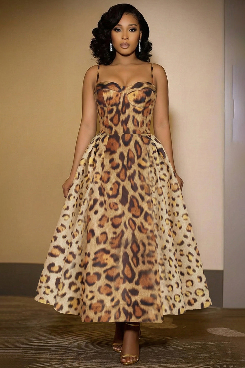 Cami Cinch Waist Leopard Print Bouffant Gowns Maxi Dresses-Brown