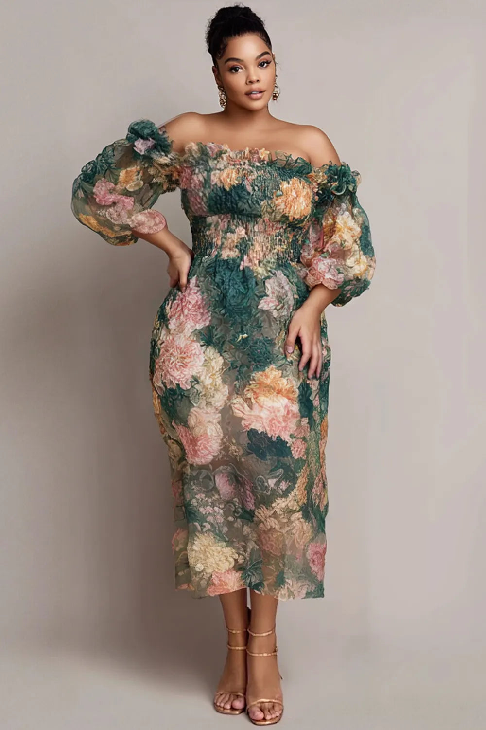 Wedding Guest Green Floral Off The Shoulder Short Sleeve Smocking Chiffon Midi Dresses