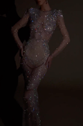 Nude Beaded Mermaid Dress with Sheer Mesh, Fringe Trim & Long Sleeves