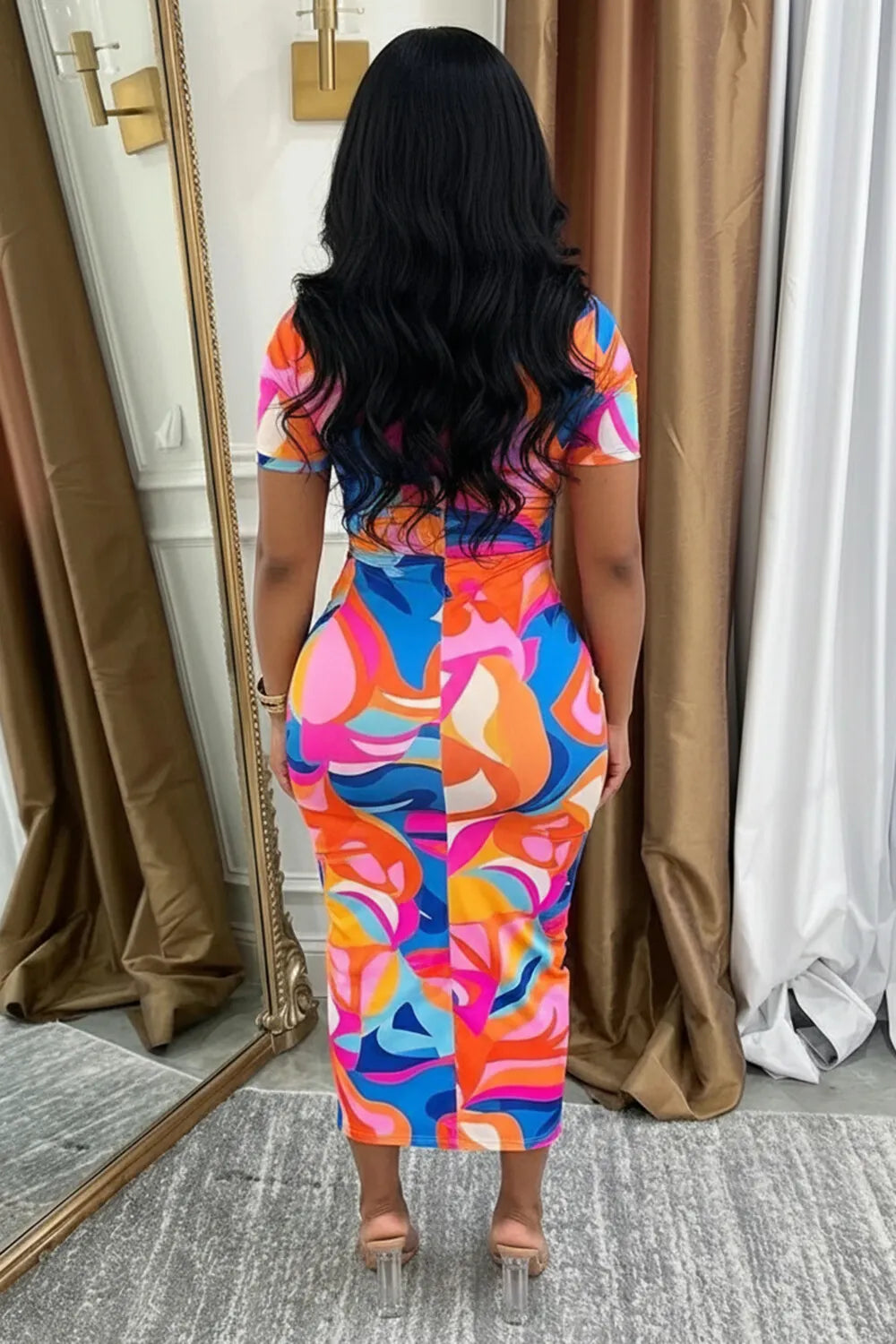 Turndown Collar Short Sleeve Colorblock Maxi Dresses-Multicolor