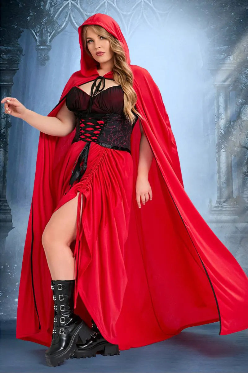 Halloween Costumes Red Cloak Lace Up Maxi Dress (Only Cloak And Dress) (Ships 24h)