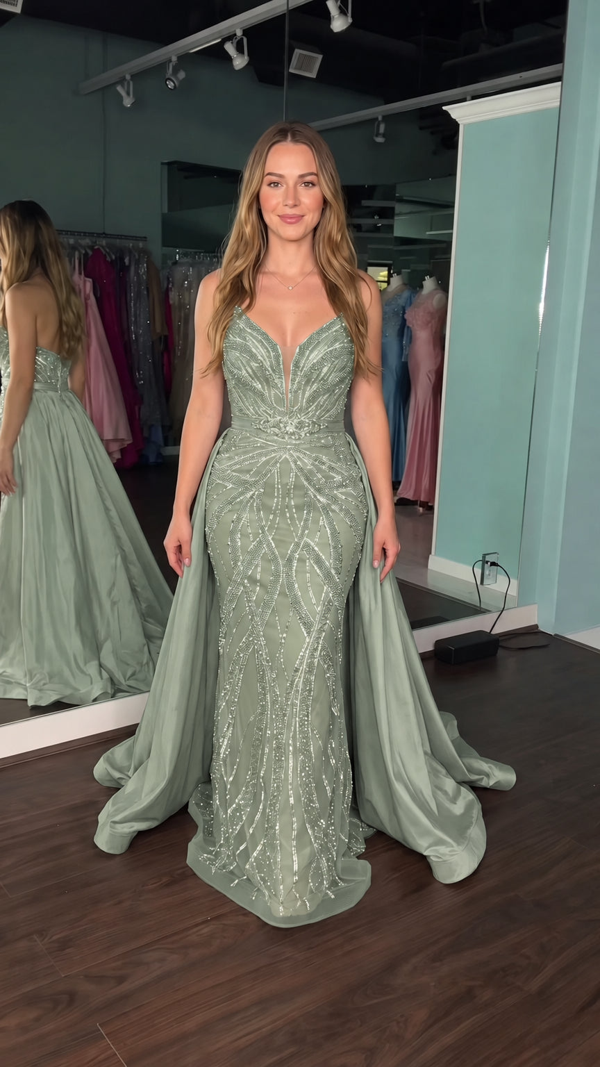 Sequined Mermaid Evening Gown with Detachable Overskirt