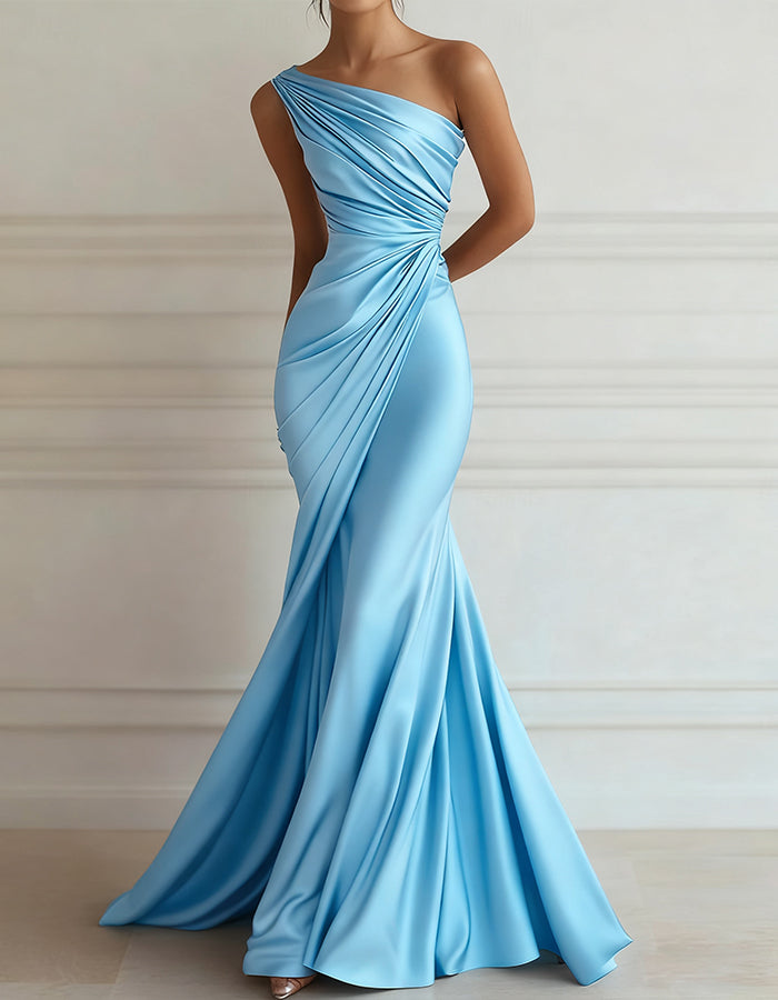 One-shoulder Stretch Satin Pleats Maxi Dress