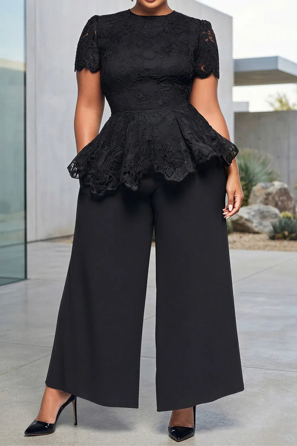 Business Casual Black Round Neck Short Sleeve Ruffle Pocket Lace Two Piece Pant Sets [Pre-Order]