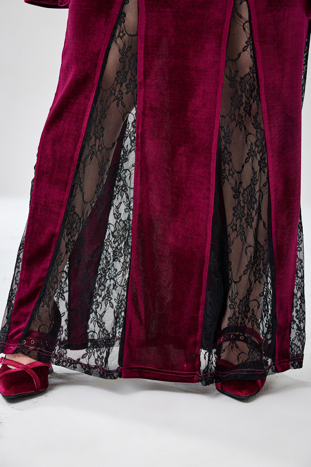 Halloween Costume Burgundy Witches Gothic V-Neck Trumpet Sleeve Velvet Lace Maxi Dress(Ships 24h)