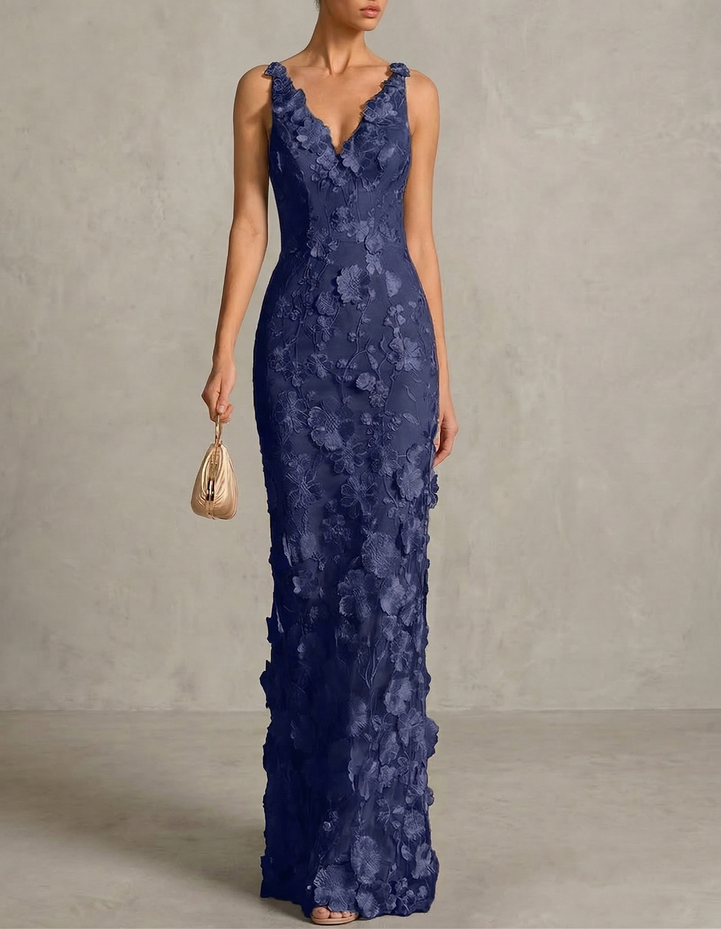 Navy Blue Chiffon Lace Embroidered Halter Fishtail Maxi Dress