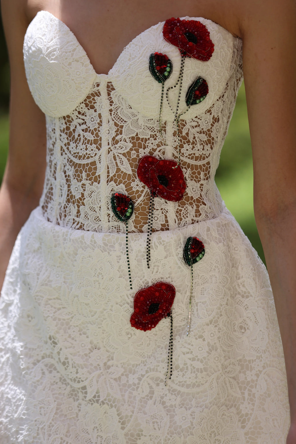 White Lace Strapless Mini Dress with Poppy Appliqué