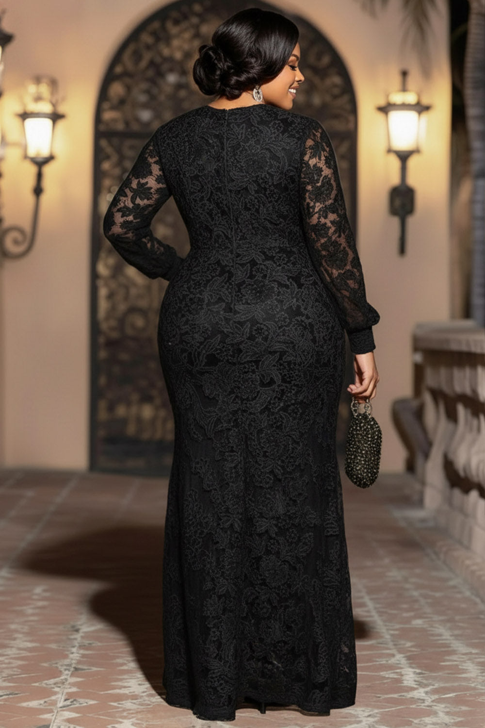 Black Round Neck Long Sleeve See Through Elegant Bodycon Lace Maxi Dresses
