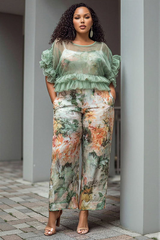 Business Casual Satin Sage Green Floral Round Neck Short Sleeve Ruffle Pocket Chiffon Jumpsuits