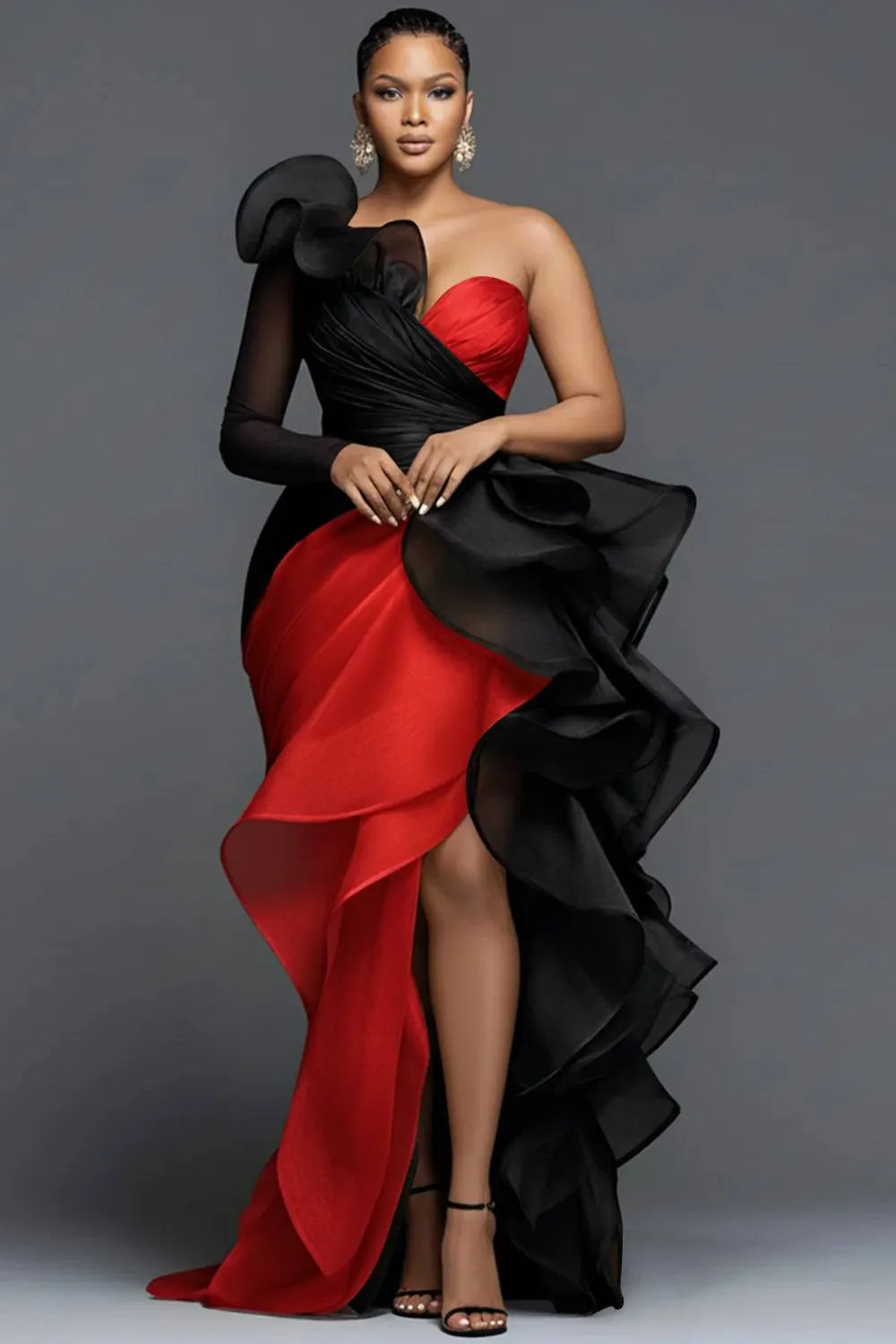 Red Oblique Collar One Shoulder Long Sleeve Ruffle Elegant Asymmetric Hem Irregular Hem Maxi Dresses