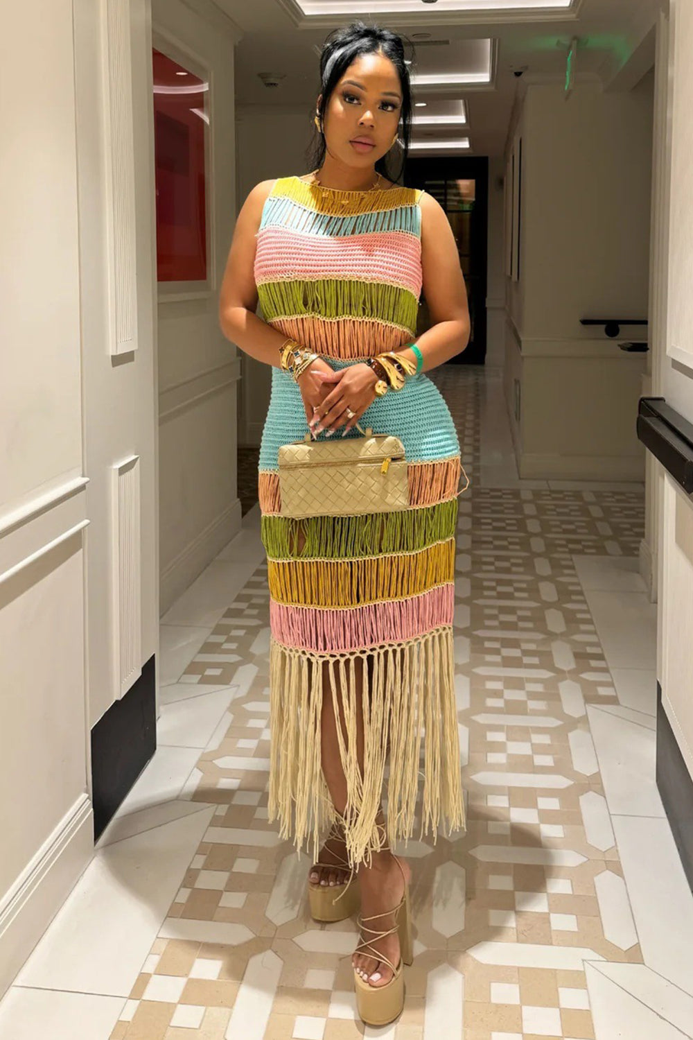 Boat Neck Sleeveless Colorblock Fringe Crochet Vacation Maxi Dresses-Blue
