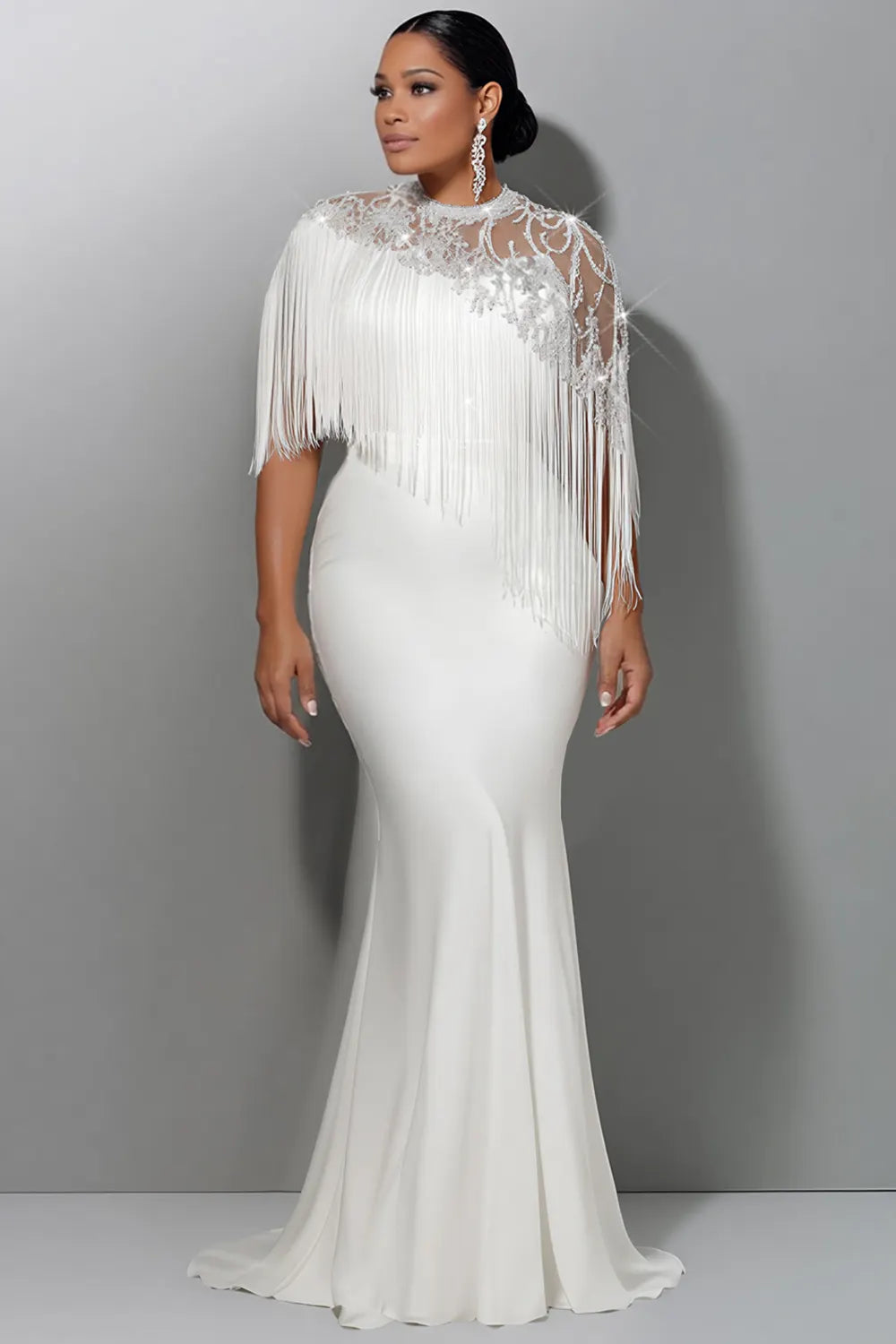 Wedding Sequin White Round Neck Short Sleeve Mermaid Strappy Satin Maxi Dresses