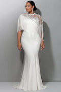 Wedding Sequin White Round Neck Short Sleeve Mermaid Strappy Satin Maxi Dresses