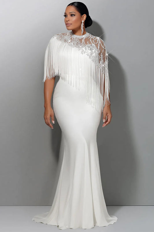 Wedding Sequin White Round Neck Short Sleeve Mermaid Strappy Satin Maxi Dresses