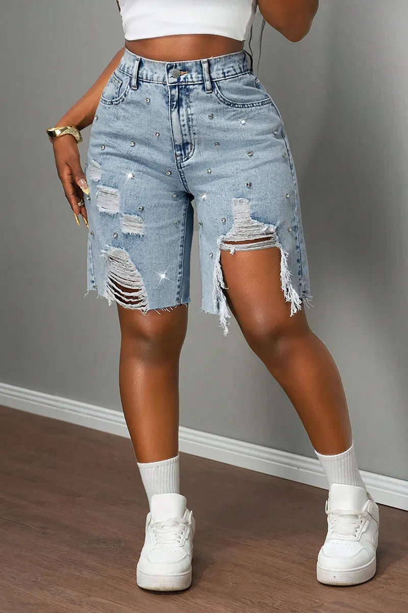 Ladies' Summer Hot Selling Casual Rhinestone Ripped Denim Shorts