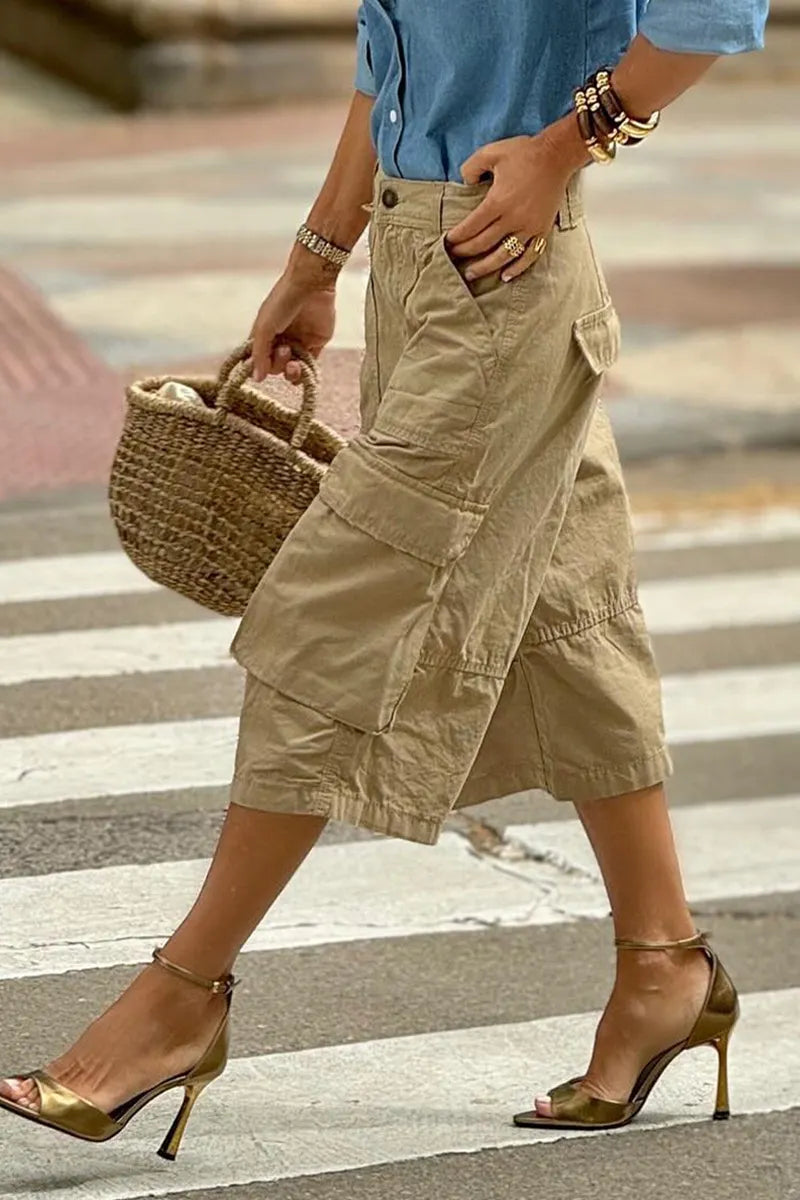 Women High Rise Side Flap Cargo Pockets Loose Straight Cropped Wide Leg Culotte Trousers