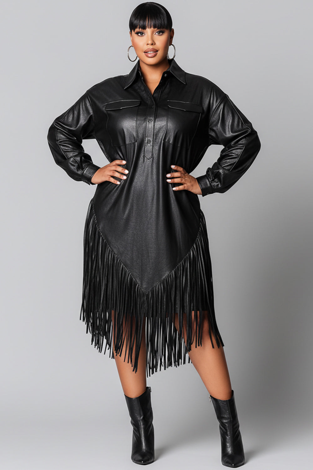 Festival Black Shirt Collar Long Sleeve Strappy Elegant PU Leather Midi Dresses
